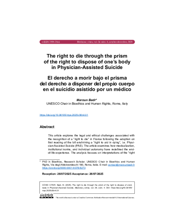 (PDF) The right to die through the prism of the right to dispose of one ...