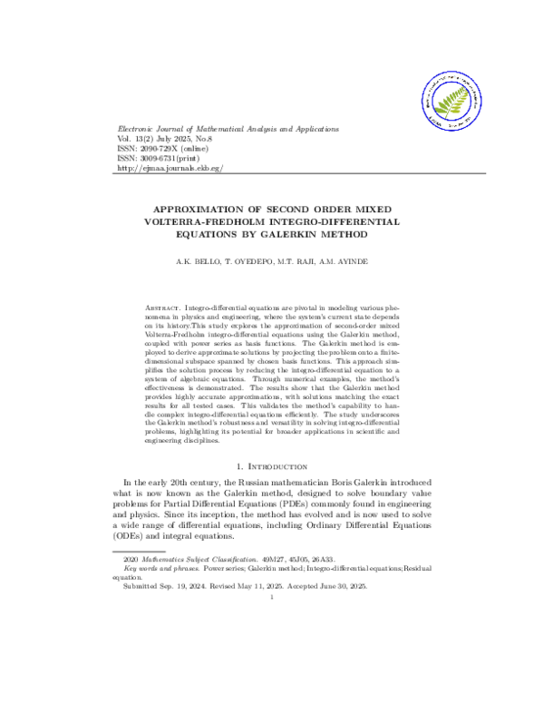 (PDF) APPROXIMATION OF SECOND ORDER MIXED VOLTERRA-FREDHOLM INTEGRO ...