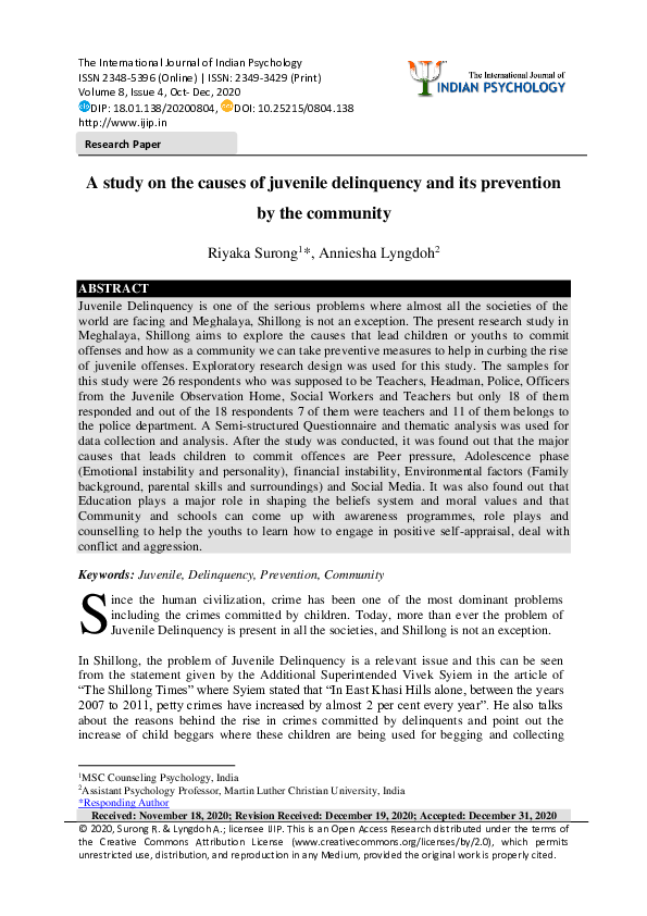 (PDF) A study on the causes of juvenile delinquency and its prevention ...