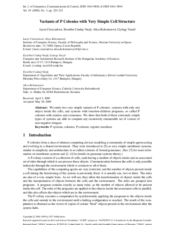 (PDF) Variants of P Colonies with Very Simple Cell Structure