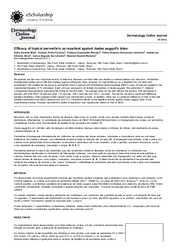 (PDF) Efficacy of topical permethrin as repellent against 's bites