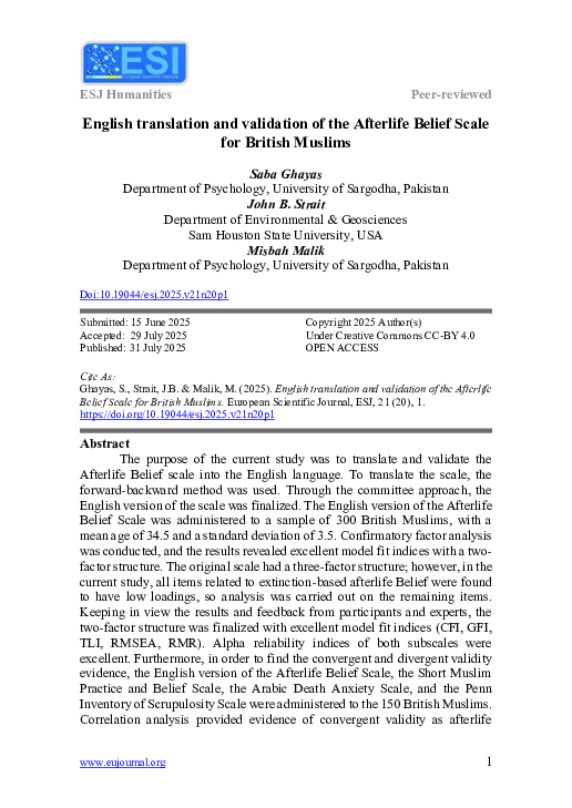 (PDF) English translation and validation of the Afterlife Belief Scale ...