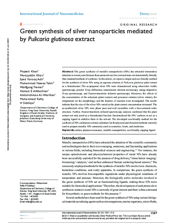 (PDF) Green synthesis of silver nanoparticles mediated by Pulicaria ...