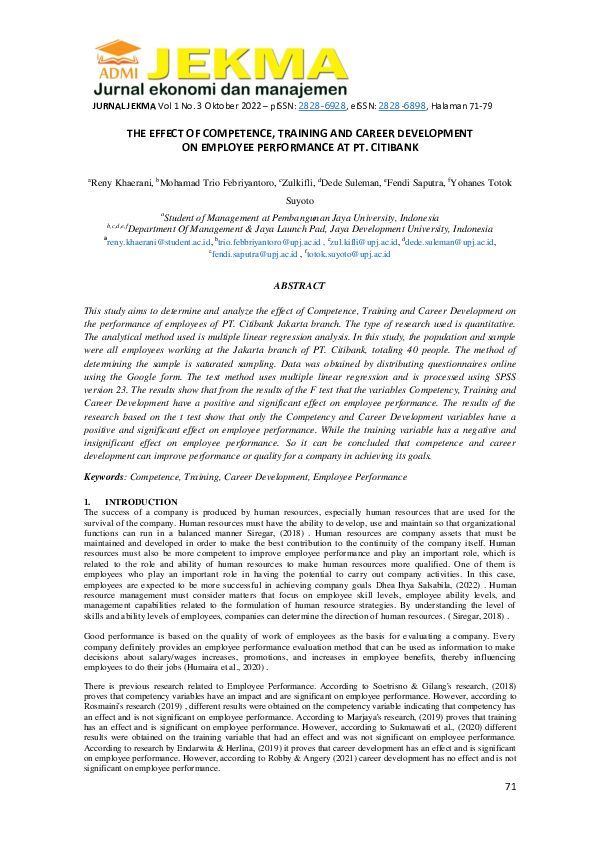 (PDF) The Effect of Competence, Training and Career Development on ...