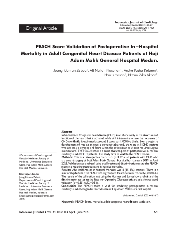 (PDF) PEACH Score Validation as a Predictor of Postoperative In ...