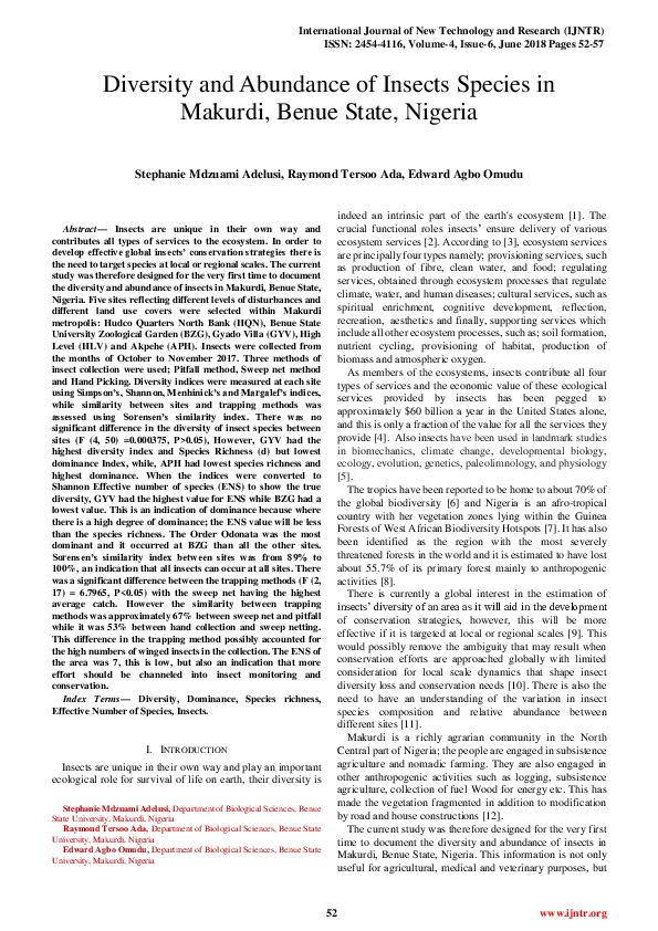 (PDF) Diversity and Abundance of Insects Species in Makurdi, Benue ...