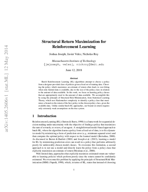 (PDF) Structural Return Maximization for Reinforcement Learning