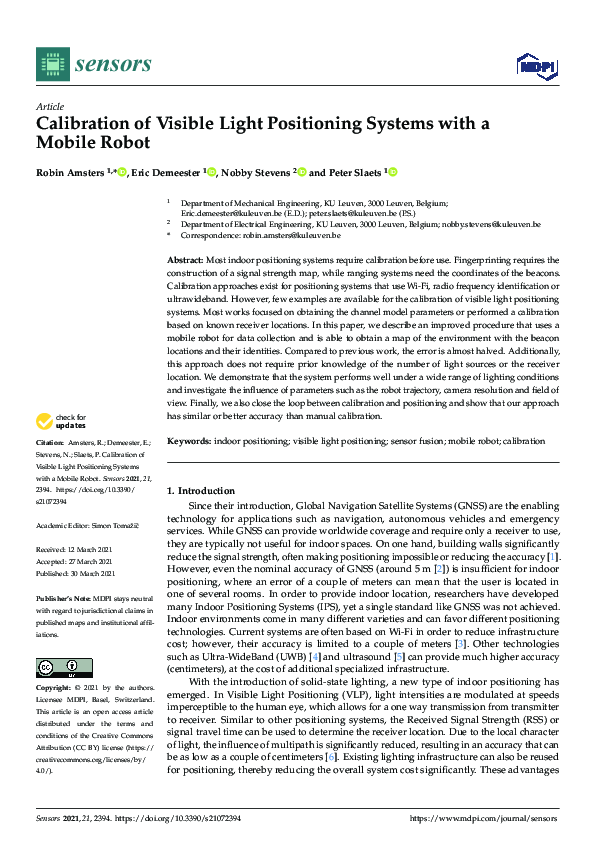 (PDF) Calibration of Visible Light Positioning Systems with a Mobile Robot