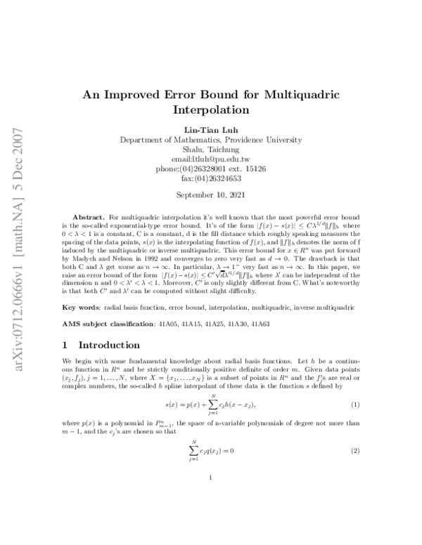 (PDF) An improved error bound for multiquadric interpolation