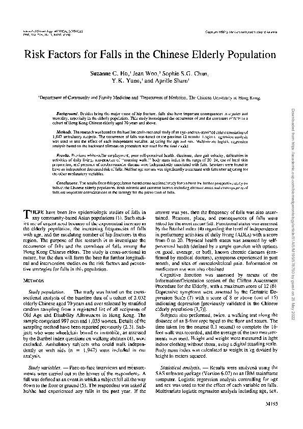 (PDF) Risk Factors for Falls in the Chinese Elderly Population