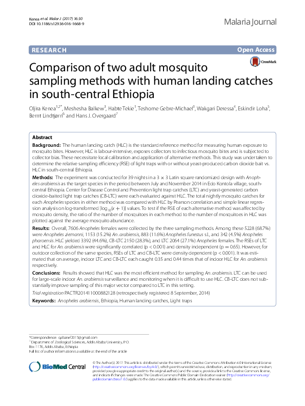 (PDF) Comparison of two adult mosquito sampling methods with human ...