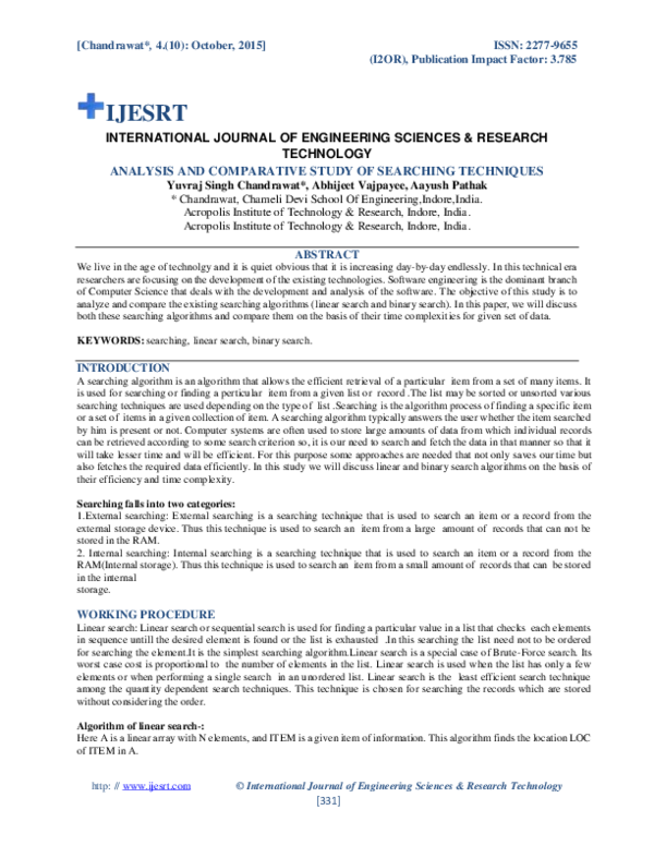 (PDF) Technology Analysis and Comparative Study of Searching Techniques