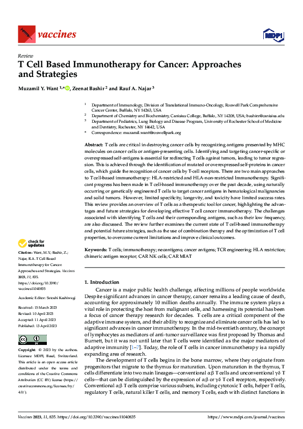 (PDF) T Cell Based Immunotherapy for Cancer: Approaches and Strategies