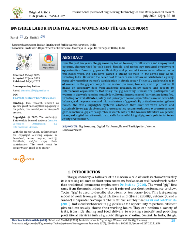 (PDF) INVISIBLE LABOR IN DIGITAL AGE: WOMEN AND THE GIG ECONOMY