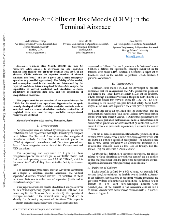 (PDF) Air-to-Air Collision Risk Models (CRM) in the Terminal Airspace