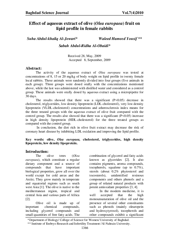 (PDF) Effect of aqueous extract of olive (Olea europaea) fruit on lipid ...