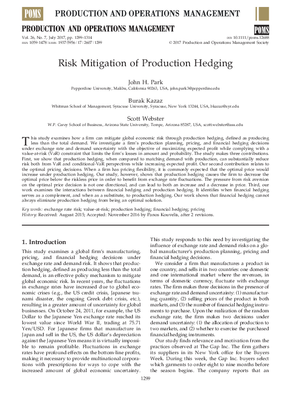 (PDF) Risk Mitigation of Production Hedging