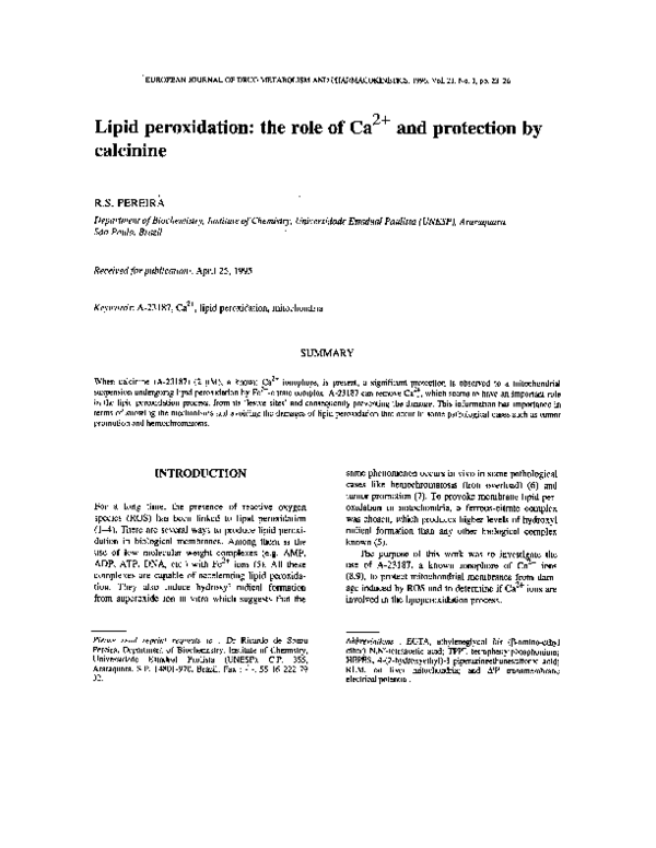 (PDF) Lipid peroxidation: the role of Ca2+ and protection by calcinine