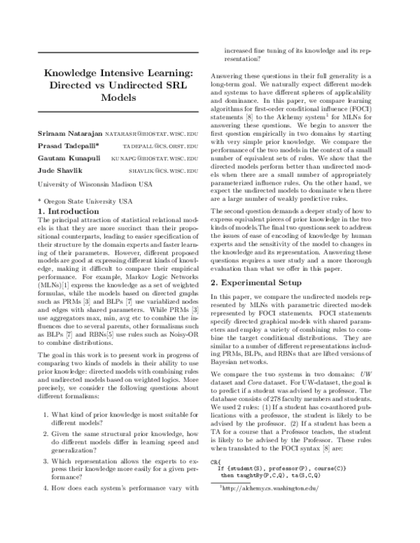 (PDF) Knowledge Intensive Learning: Directed vs Undirected SRL Models