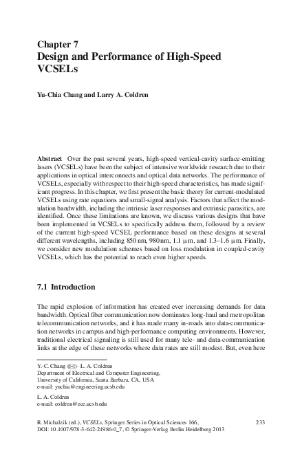 (PDF) Chapter 7 Design and Performance of High-Speed VCSELs