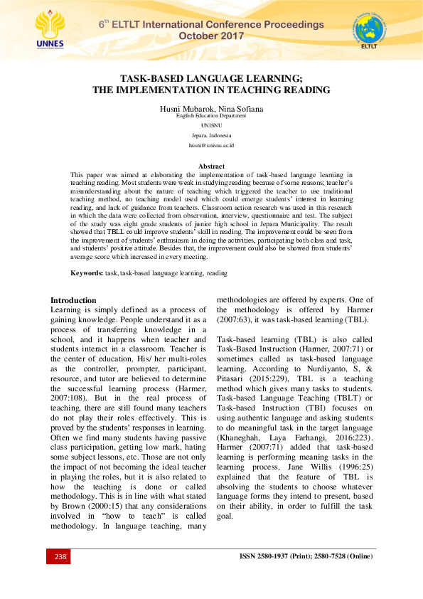 (PDF) Task-Based Language Learning; the Implementation in Teaching Reading