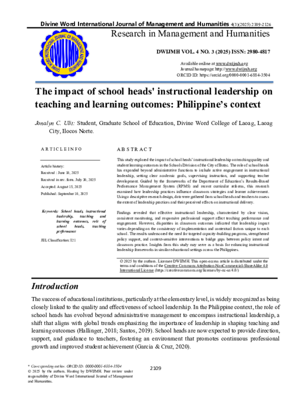 (PDF) The impact of school heads' instructional leadership on teaching ...