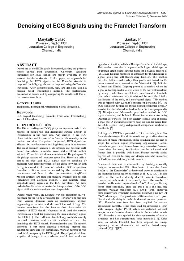 (PDF) Denoising of ECG Signals using the Framelet Transform