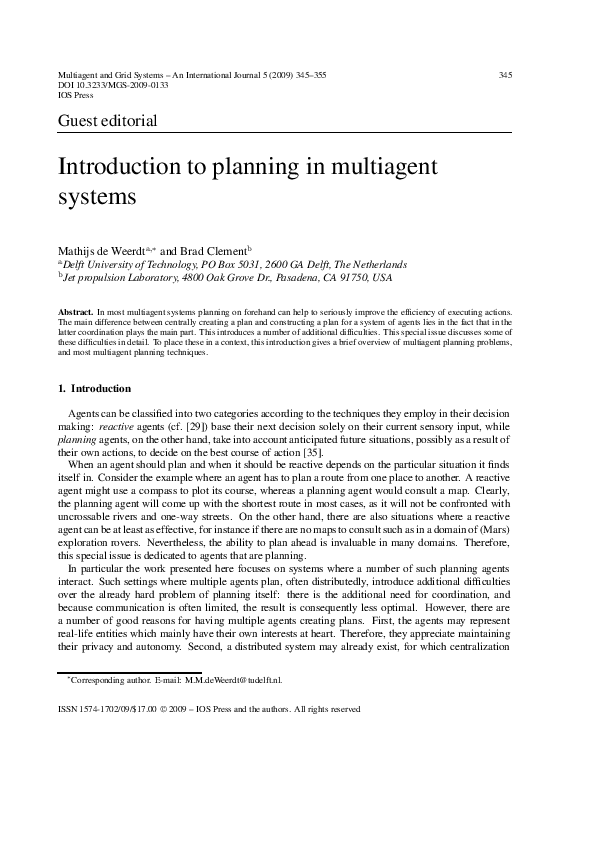(PDF) Introduction to planning in multiagent systems