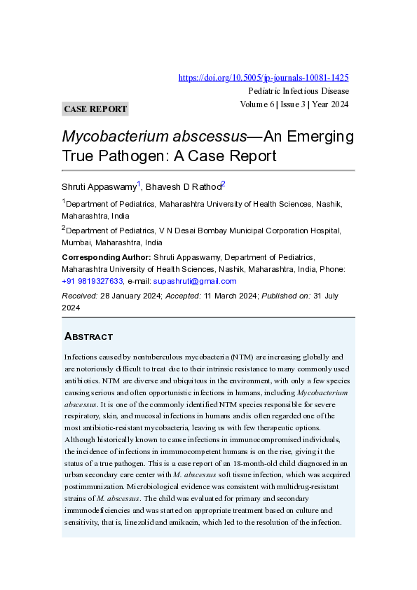 (PDF) Mycobacterium abscessus-An Emerging True Pathogen: A Case Report