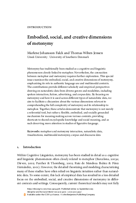 (PDF) Embodied, social, and creative dimensions of metonymy