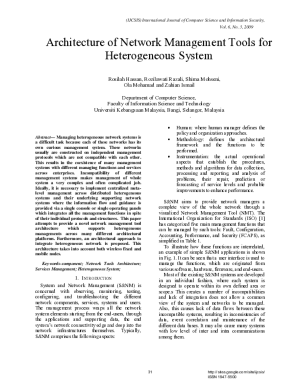 (PDF) Architecture of network management tools for heterogeneous system