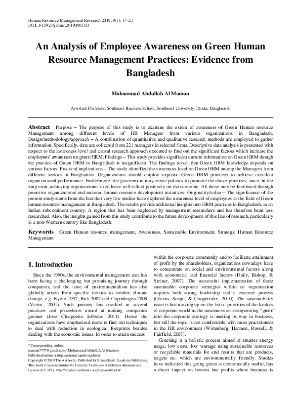 (PDF) An Analysis of Employee Awareness on Green Human Resource ...