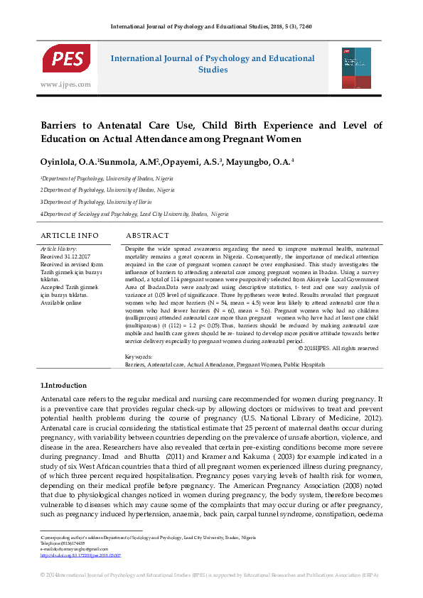 (PDF) Barriers to Antenatal Care Use, Child Birth Experience and Level ...