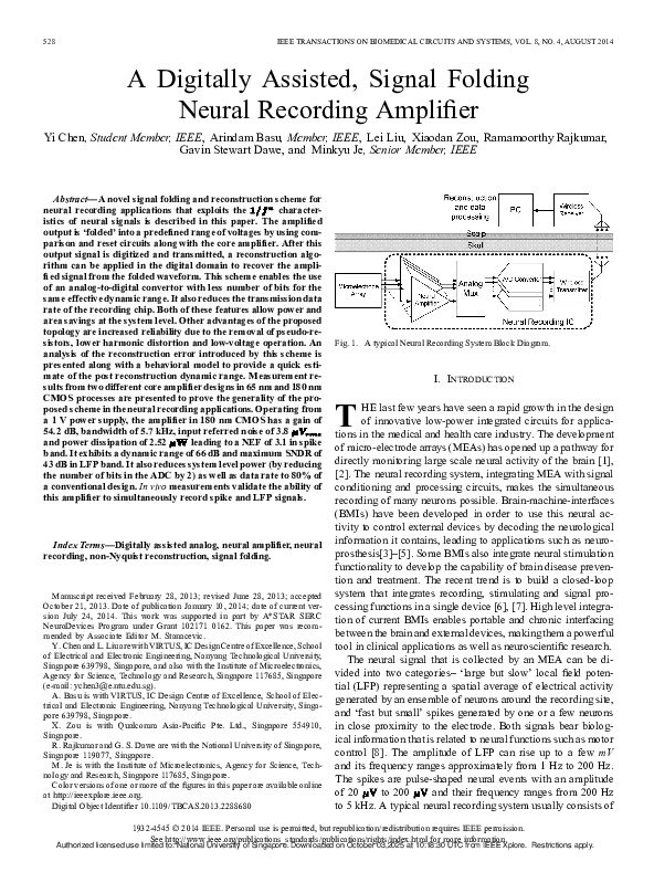 (PDF) A Digitally Assisted, Signal Folding Neural Recording Amplifier