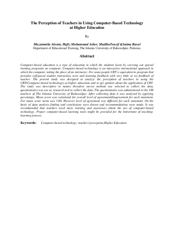 (PDF) The Perception of Teachers in Using Computer-Based Technology at ...
