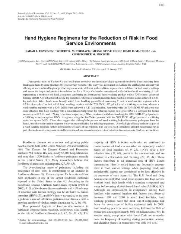 (PDF) Hand Hygiene Regimens for the Reduction of Risk in Food Service ...