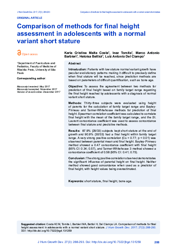 (PDF) Comparison of methods for final height assessment in adolescents ...
