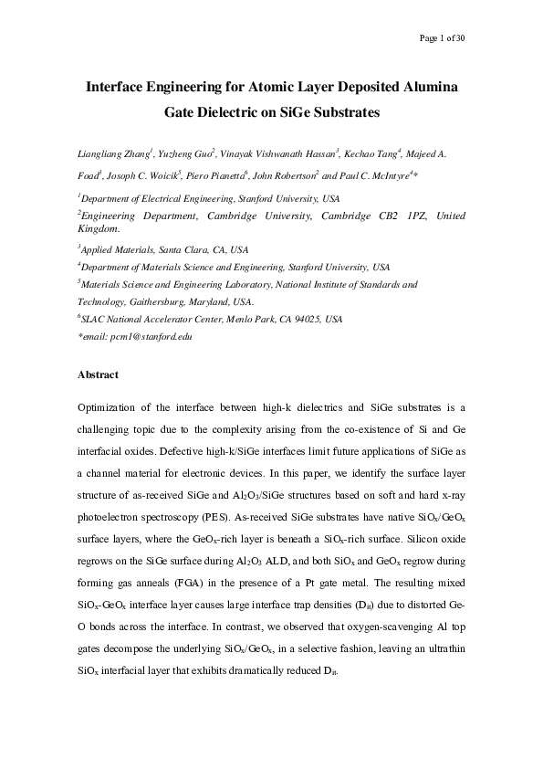 (PDF) Interface Engineering for Atomic Layer Deposited Alumina Gate ...