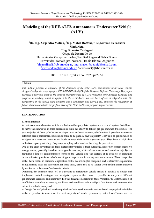 (PDF) Modeling of the DEF-ALFA Autonomous Underwater Vehicle (AUV)