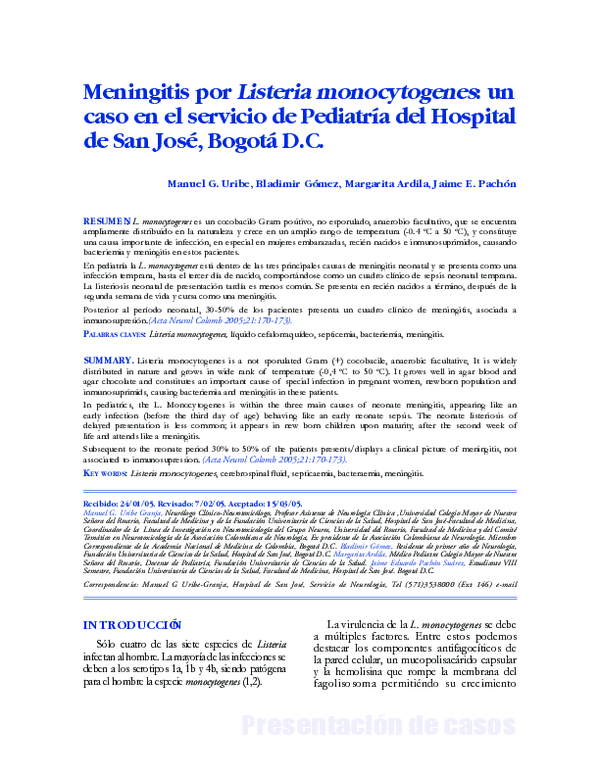 (PDF) Meningitis por Listeria monocytogenes: un caso en el servicio de ...