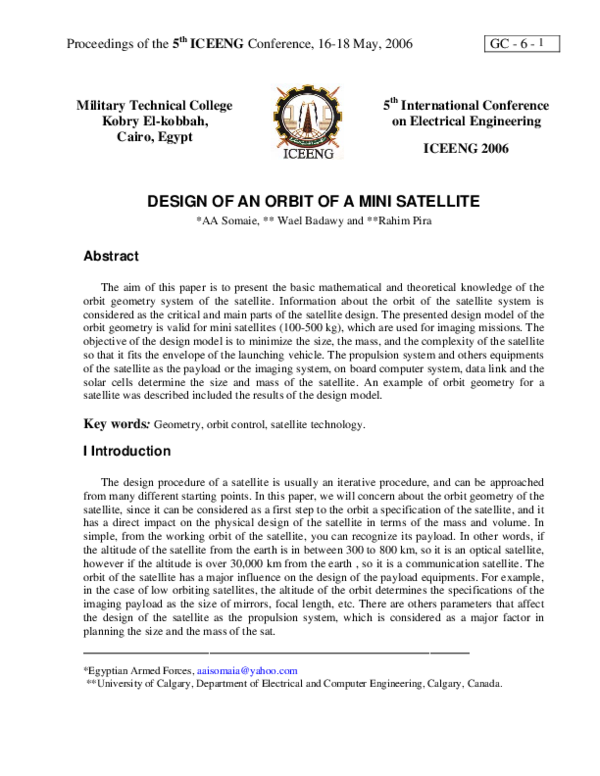 (PDF) Design of an Orbit of a Mini Satellite