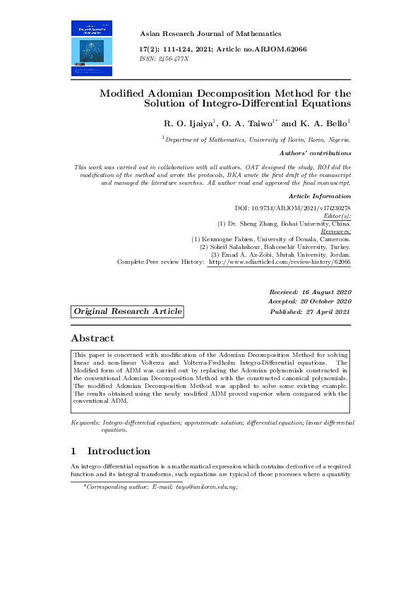 (PDF) Modified Adomian Decomposition Method for the Solution of Integro ...