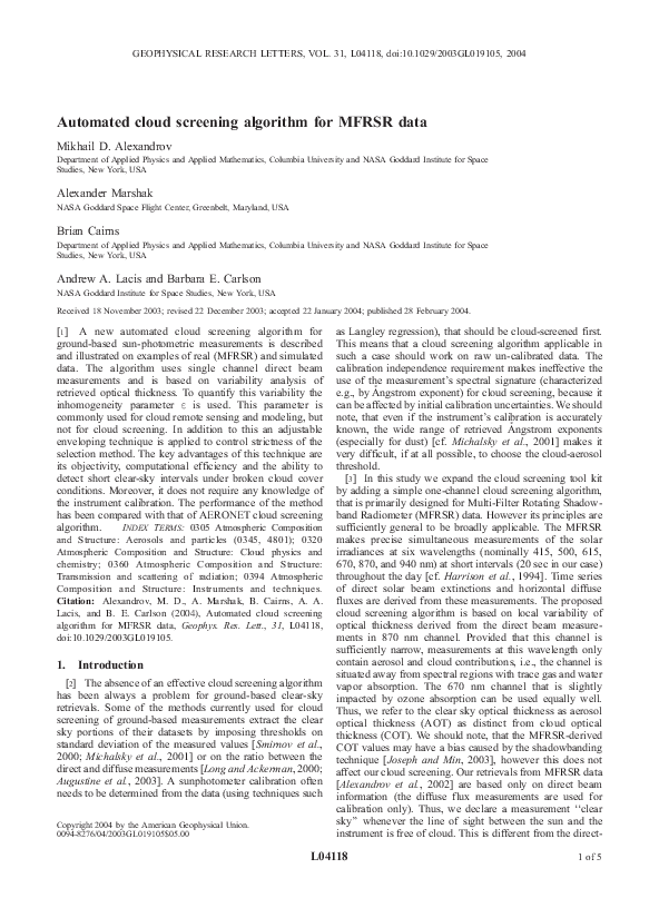 (PDF) Automated cloud screening algorithm for MFRSR data