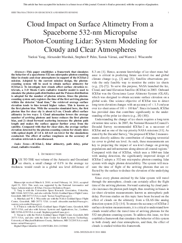 (PDF) Cloud Impact on Surface Altimetry From a Spaceborne 532-nm ...