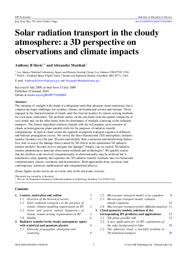 (PDF) Solar radiation transport in the cloudy atmosphere: a 3D ...