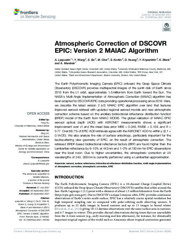 (PDF) Atmospheric Correction of DSCOVR EPIC: Version 2 MAIAC Algorithm