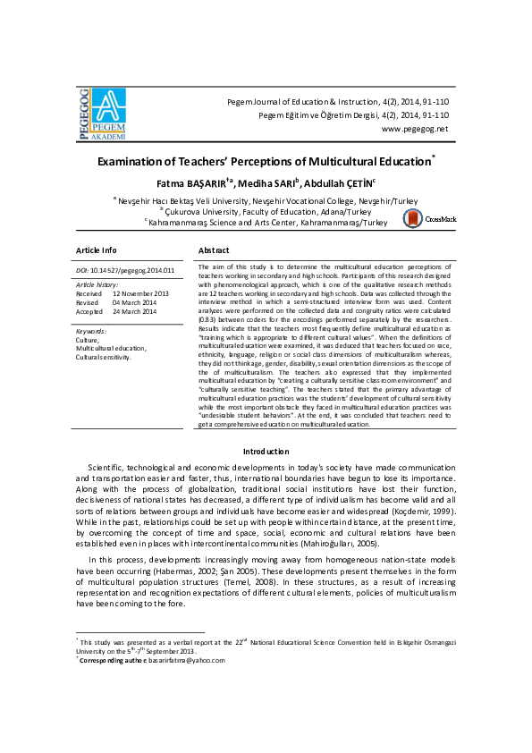 (PDF) Examination of teachers' perceptions of multicultural education