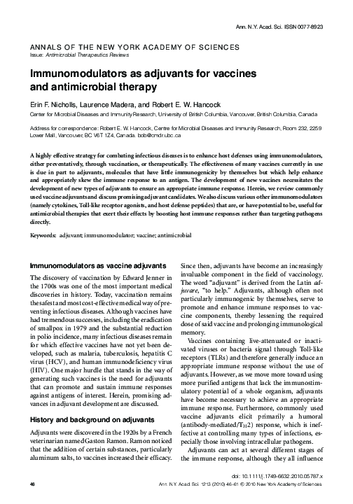 (PDF) Immunomodulators as adjuvants for vaccines and antimicrobial therapy