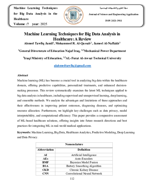 (PDF) Machine Learning Techniques for Big Data Analysis in the Healthcare