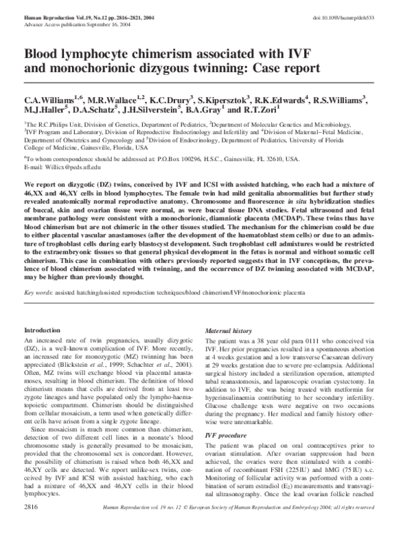 (PDF) Blood lymphocyte chimerism associated with IVF and monochorionic ...